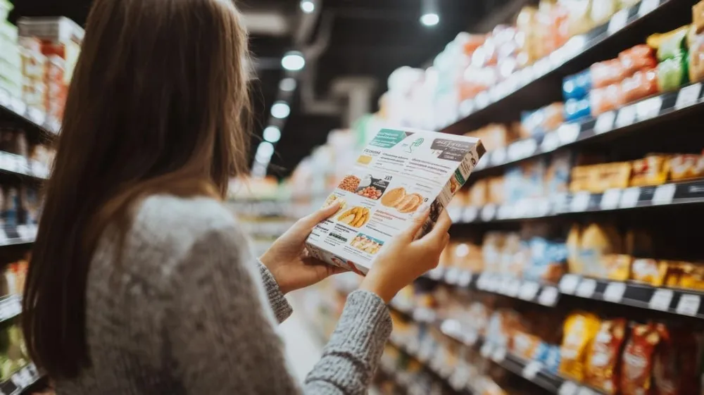 Woman in grocery store reads nutrition label on packaged food 