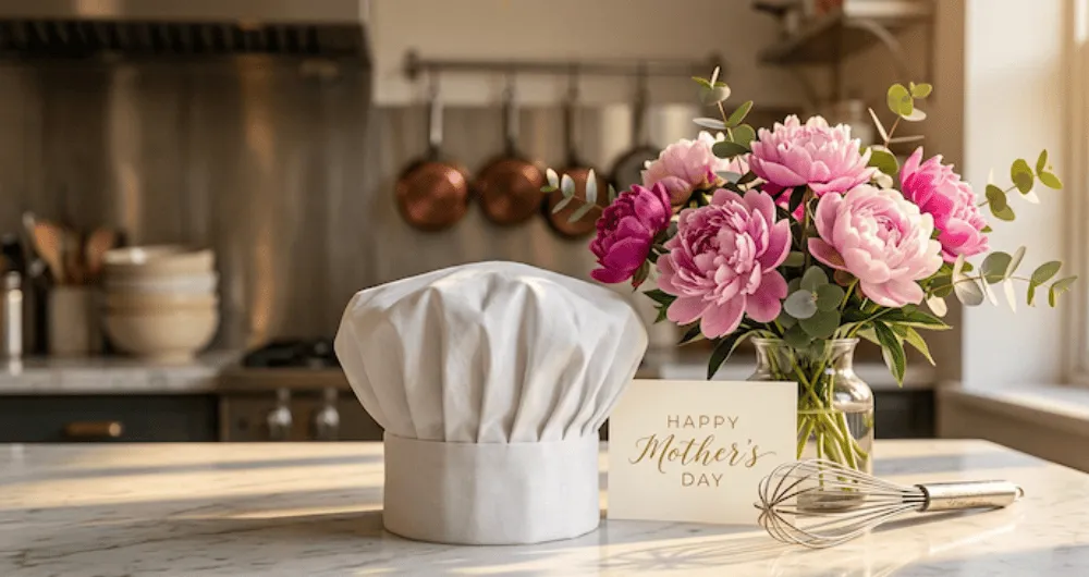 Chef hat on a counter with flowers