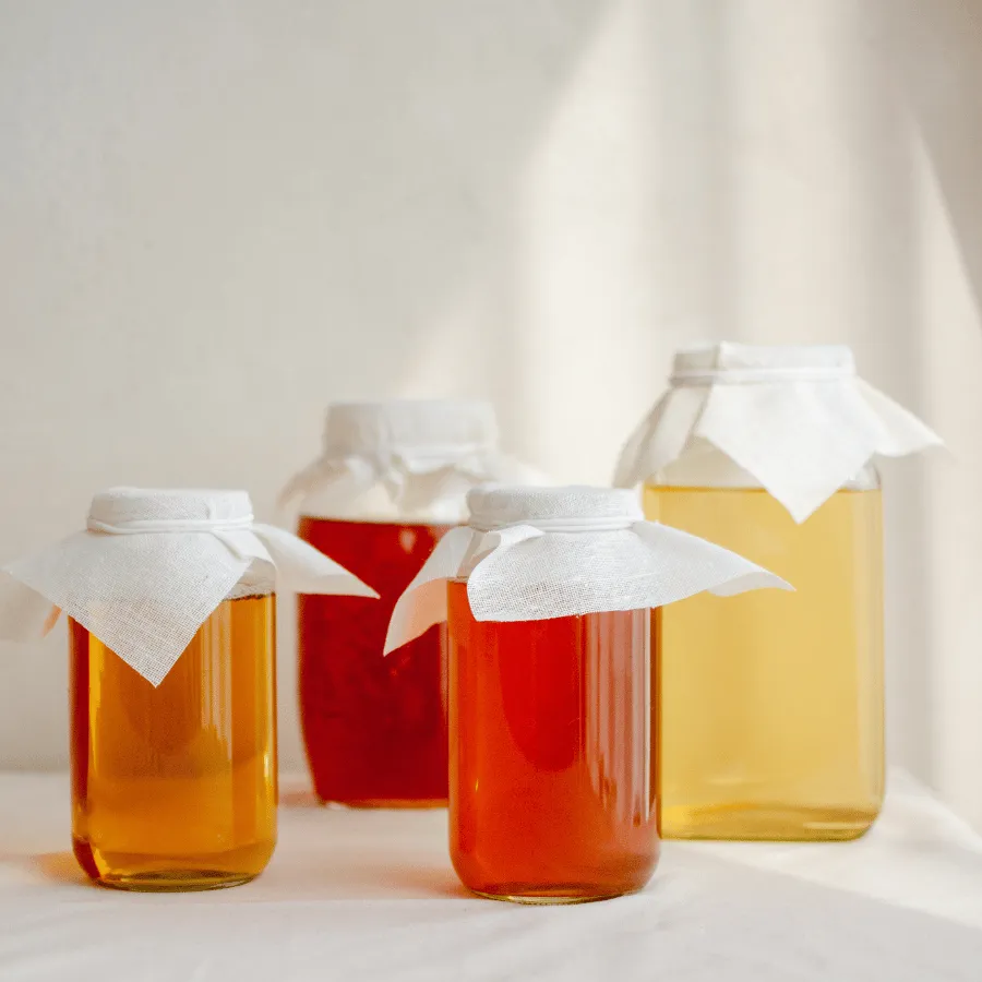 Four glass jars filled with liquids of varying amber and reddish shades are arranged on a white surface against a light background. Each jar is covered with a piece of white cloth secured around the rim.