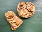 Hearts of palm tacos with fermented peach salsa. 
