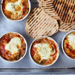 Peperonata baked eggs and spelt flatbreads