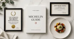 A close-up of the Michelin Guide book, showcasing its iconic red cover and gold Michelin star logo.