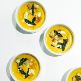 Creamy Sweet Potato Soup With Brown Butter, Sorghum Syrup and Sage Croutons