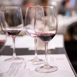 Three wine glasses with red wine in them sit on table with notes