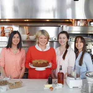 Martha Stewart with students in a pastry and baking arts class in new york