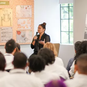 Antonia Lofasa speaks to students at the Institute of Culinary Education