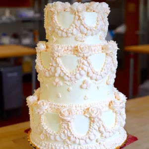 A white cake frosted with Chef Carrie Smith's Swiss meringue buttercream recipe