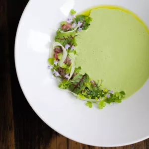 English Pea soup using herbs grown in hydroponic garden