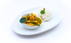 hydroponic herbs are added to a rice dish from northern tiger