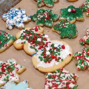 Holiday-themed sugar cookies of various shapes sit on a tray lined with brown parchment paper