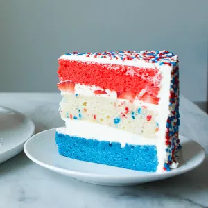 A slice of cake with red, white and blue layers sits on a white plate