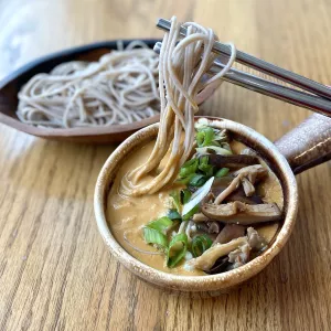 Sunflower Butter and Miso Tsukemen with Marinated Mushrooms and Soba Noodles
