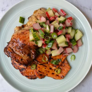 Spicy Chicken Thighs with Sweet Potatoes and Cucumber-Rhubarb Salsa