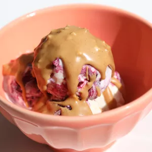 Concord grape ice cream topped with peanut butter sauce in a pink bowl