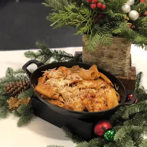 Chef Phil serves a paccheri pasta with pancetta and Parmesan.