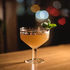 cocktail with mint sprig on a bar