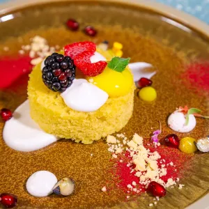 A plated dessert of olive oil cake and seasonal berries.