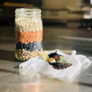 A Masor jar of multi-colored beans with a spice blend makes a pretty homemade gift.