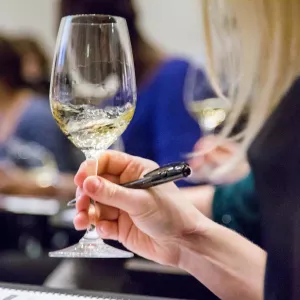 Student sips wine with pen in hand for notes