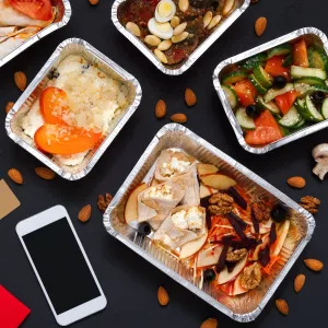 Takeout containers of food from restaurants