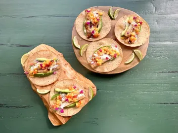 Hearts of palm tacos with fermented peach salsa. 