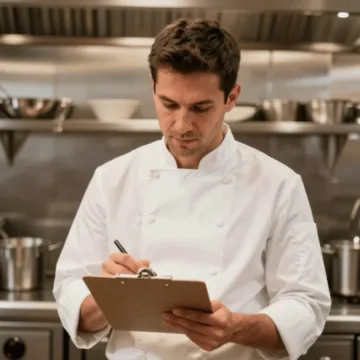 A chef in a restaurant writes notes on a clipboard, focused on organizing kitchen tasks and menu items.