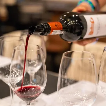 Sommelier pouring red wine into a wine glass.