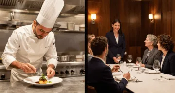 alt="A side-by-side composite photo: the left side shows a male chef in a white uniform plating a gourmet dish; the right side shows a hostess in a suit standing by a dining table with seated guests in a dimly lit restaurant."