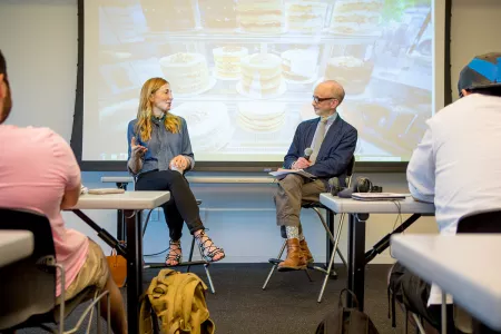 Culinary entrepreneur Christina Tosi speaking with ICE New York culinary management program students
