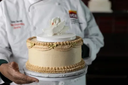 A a tan buttercream cake with swan topper from the ICE Professional Cake Decorating continued education Program