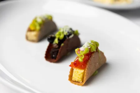 three minature dessert tacos from ICE's Advanced Pastry & Baking Technique course