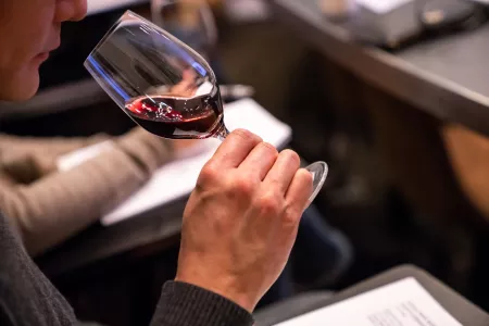 A student sniffs a glass of red wine