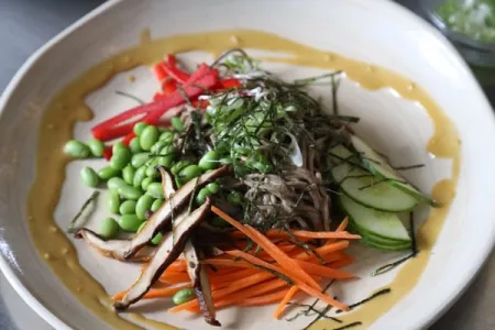 a composed dish of fresh vegetables and soba noodles from ICE's Culinary Nutrition curriculum