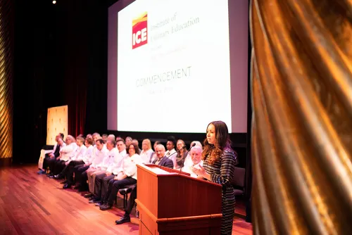 ICE alum and chef Adrienne Cheatham speaks to 2018-2019 graduates.