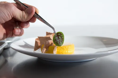 An herb grown in the ICE hydroponic garden is placed on a plated dish by a chef