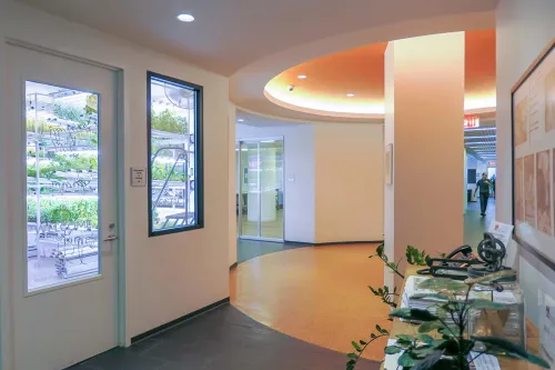 The hallway outside of the hydroponic garden at the Institute of Culinary Education
