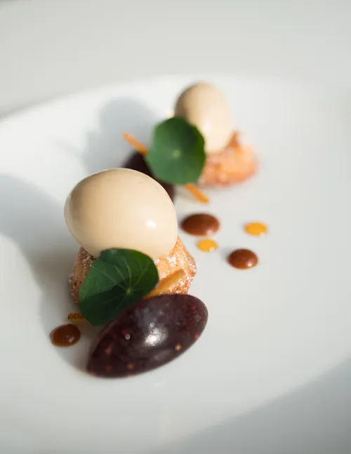 Balsamic vinegar gelato is beautifully plated.