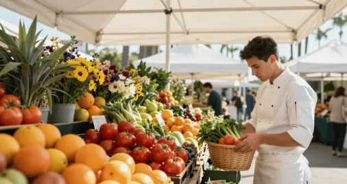 A young chef in a white uniform selects fresh vegetables and fruits at a vibrant outdoor market with colorful displays.
