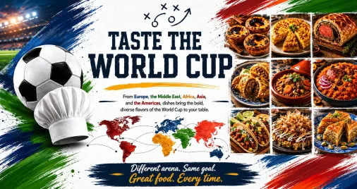 Promotional web banner titled "TASTE THE WORLD CUP" featuring a soccer ball, a chef's hat, and a grid of international food dishes against a background of textured paint strokes.