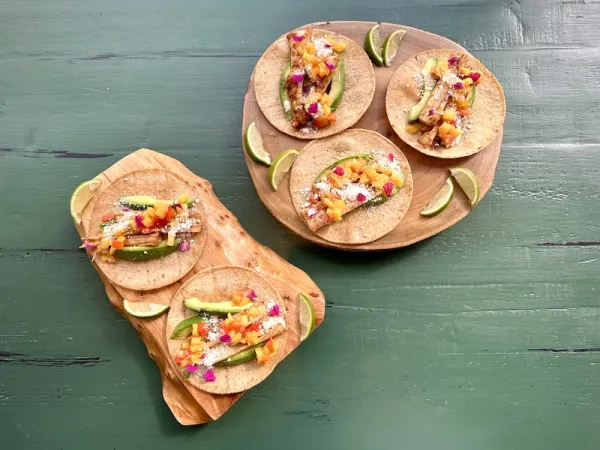 Hearts of palm tacos with fermented peach salsa. 