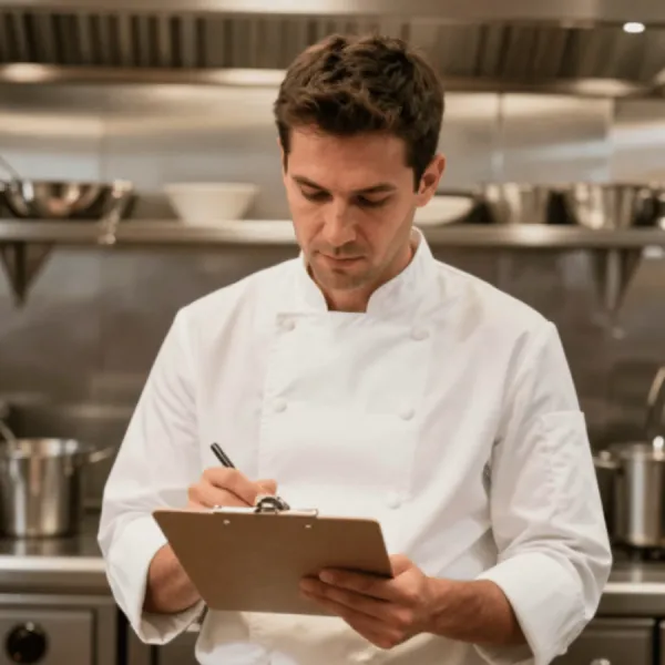 A chef in a restaurant writes notes on a clipboard, focused on organizing kitchen tasks and menu items.