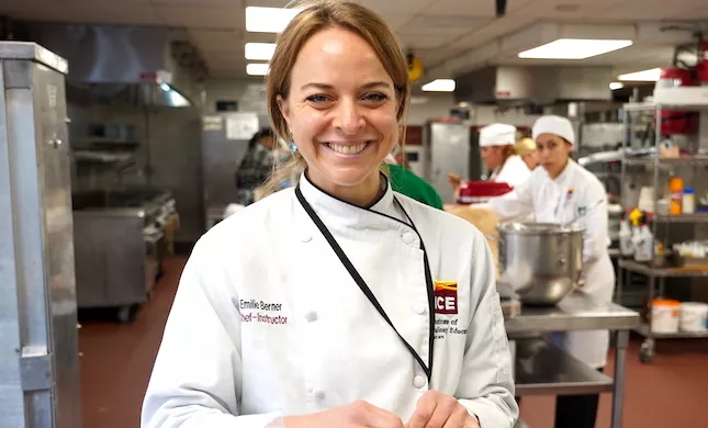 ICE Plant-Based Culinary Arts Online Chef-Instructor Emilie Berner in a classroom