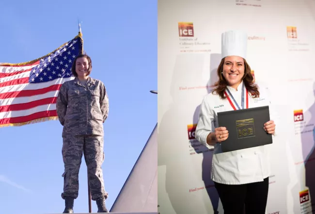 Two shots Alicia Pena, one in a military uniform and another as a graduating ICE student