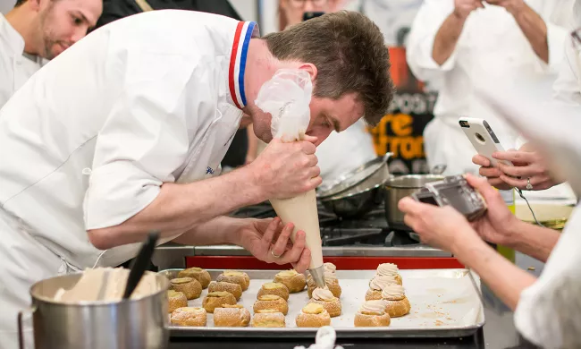 MOF Philippe Rigollot demonstrates his famous pastry techniques for ICE students