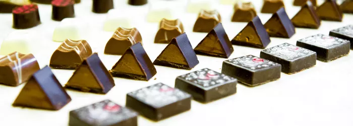Multiple different types of chocolate sit in rows on a white background