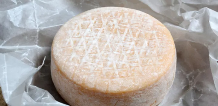 A wheel of white Gubbeen Irish cheese sits in a wax wrapper