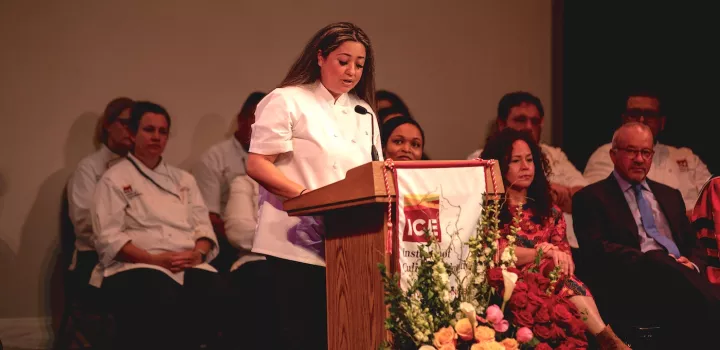 ICE LA's 2023 alumni speaker Jessica Alferos speaks at commencement