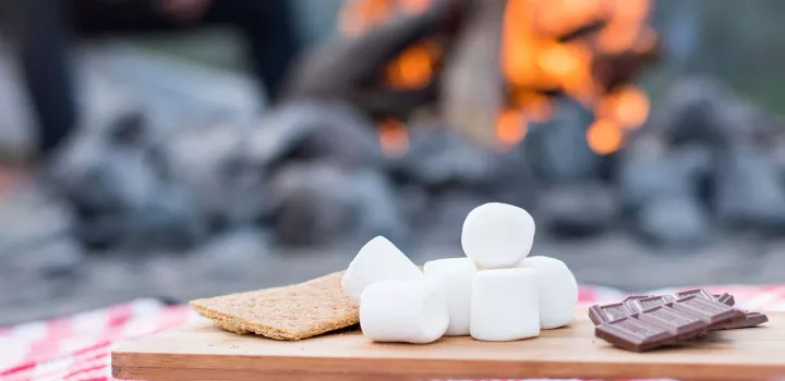 Marshmallows, chocolate, and graham crackers, the ingredients for s'mores 