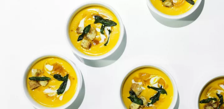 Creamy Sweet Potato Soup With Brown Butter, Sorghum Syrup and Sage Croutons