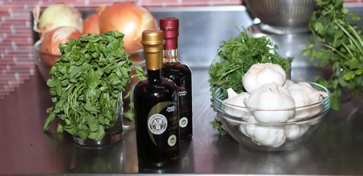 Balsamic Vinegar of Modena is among ingredients for a skirt steak recipe.